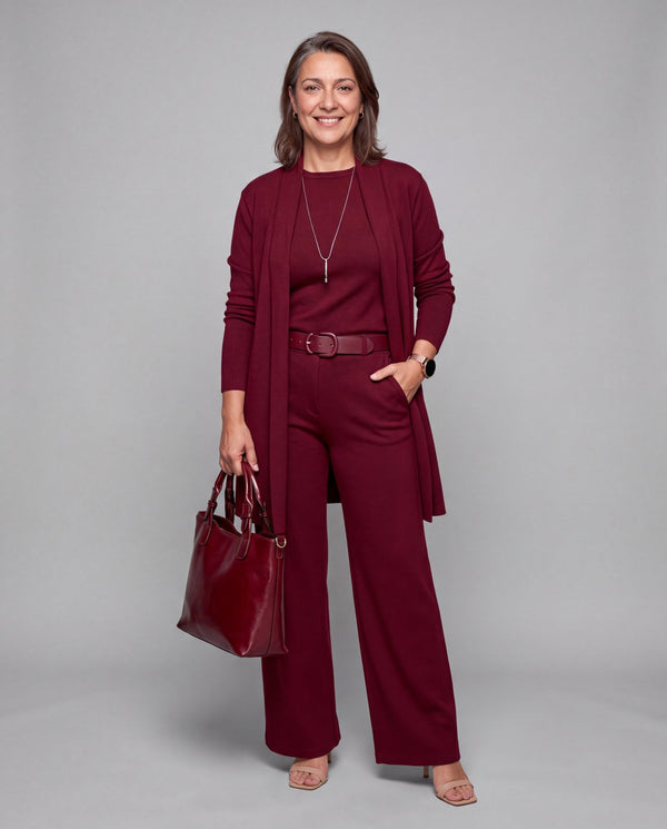 Completo Fiorenza — Tre Pezzi in Maglia: Cardigan Lungo, Top e Pantalone Palazzo