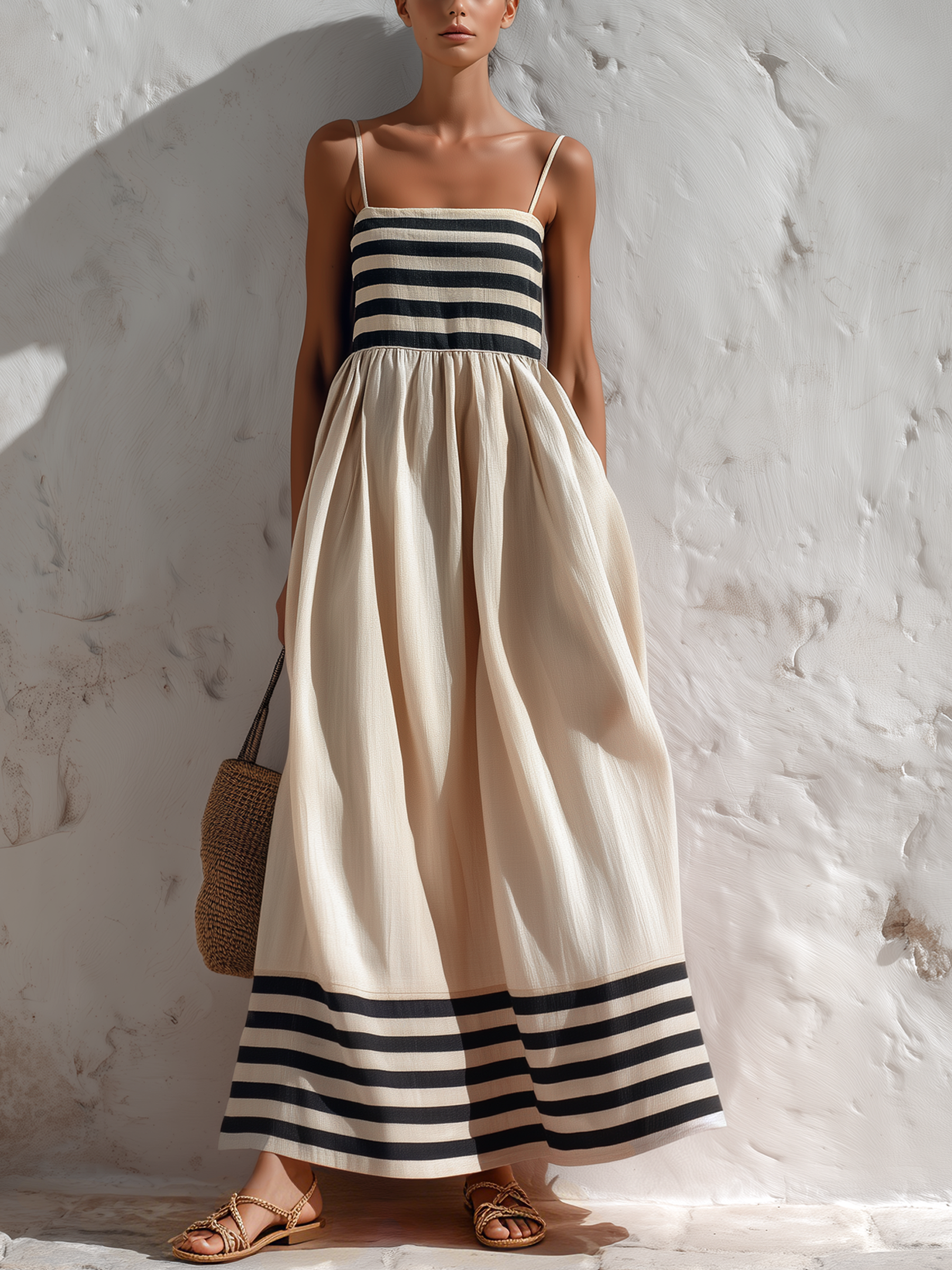 Ortensia | Vestito lungo a righe nere e beige con spalline sottili