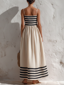 Ortensia | Vestito lungo a righe nere e beige con spalline sottili