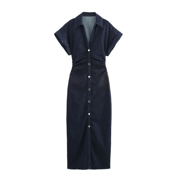 Robe longue en velours côtelé boutonnée - Bleu marine