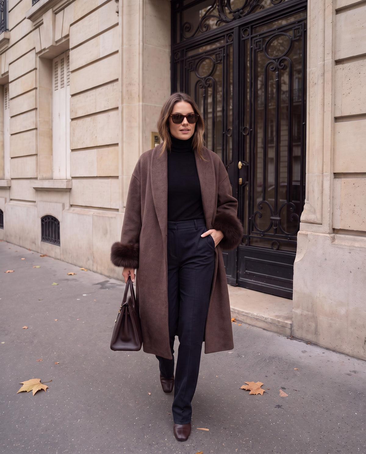 Cappotto Annabella lungo a vestaglia con polsini in ecopelliccia — Cioccolato