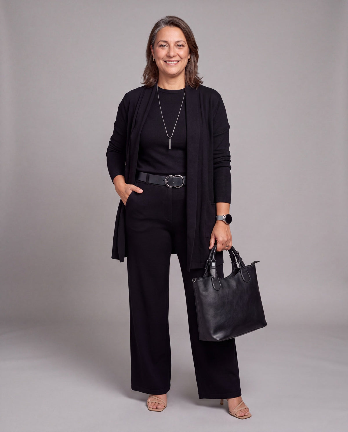 Completo Fiorenza — Tre Pezzi in Maglia: Cardigan Lungo, Top e Pantalone Palazzo