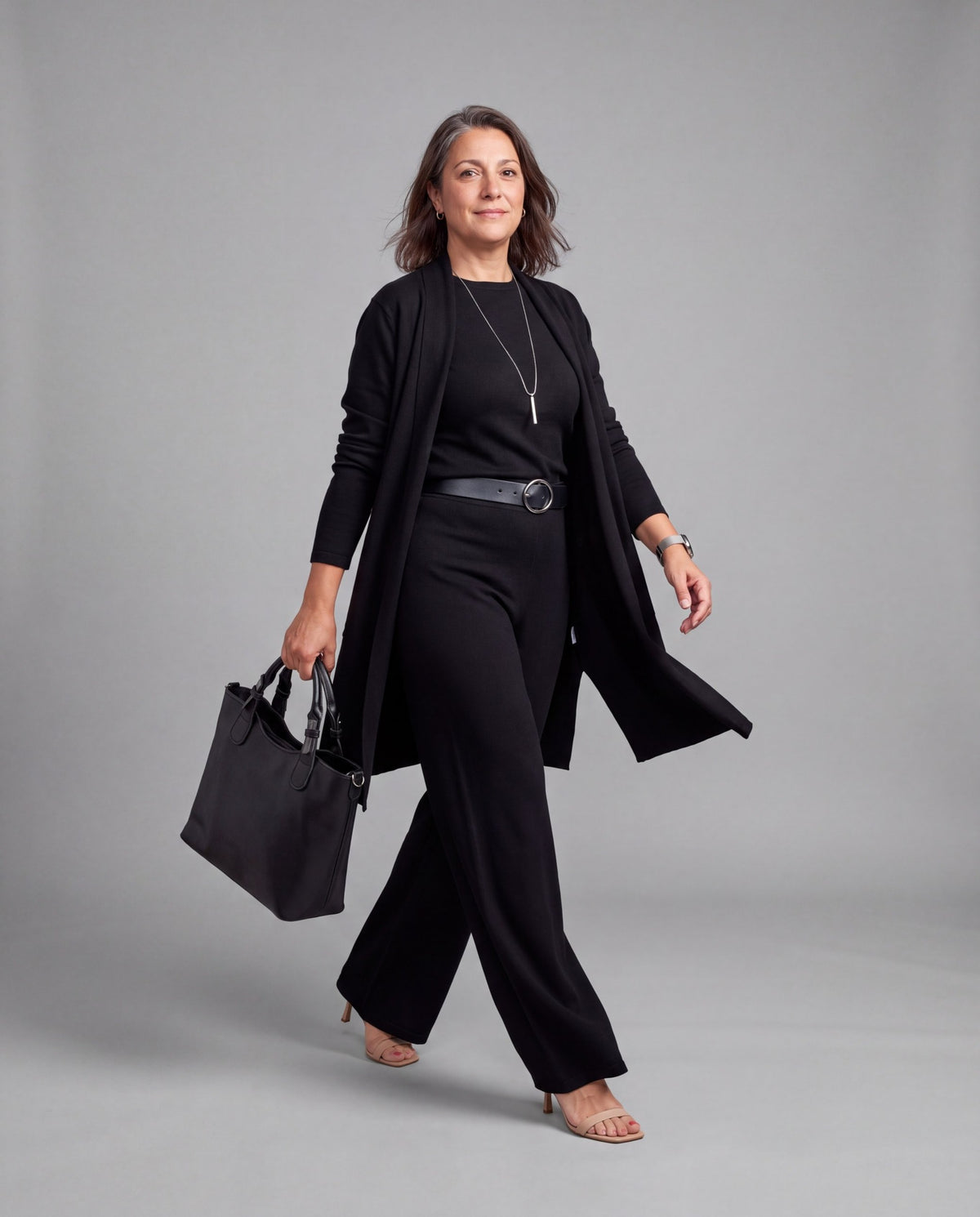 Completo Fiorenza — Tre Pezzi in Maglia: Cardigan Lungo, Top e Pantalone Palazzo