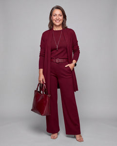 Completo Fiorenza — Tre Pezzi in Maglia: Cardigan Lungo, Top e Pantalone Palazzo