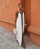 Valeria | Linen Long Dress with Zig-Zag Trim