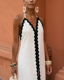 Valeria | Linen Long Dress with Zig-Zag Trim