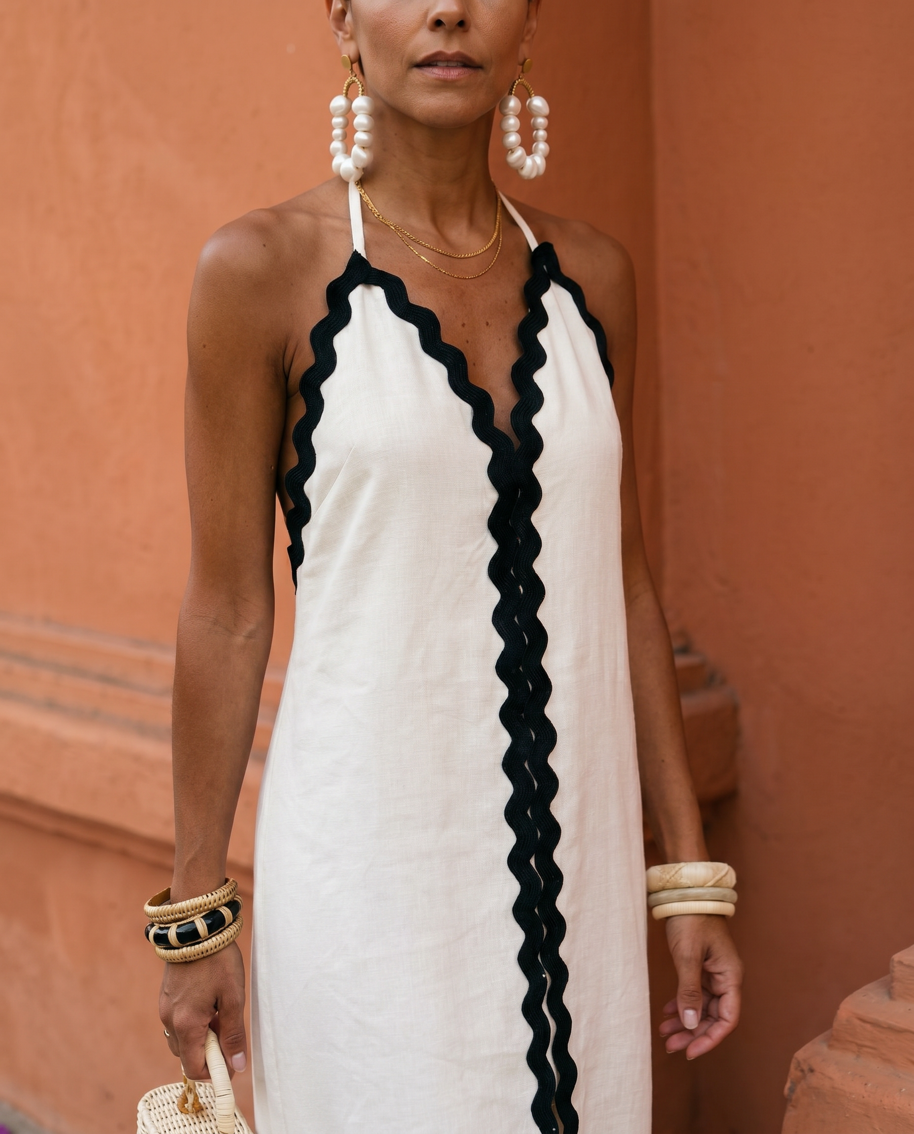Valeria | Linen Long Dress with Zig-Zag Trim