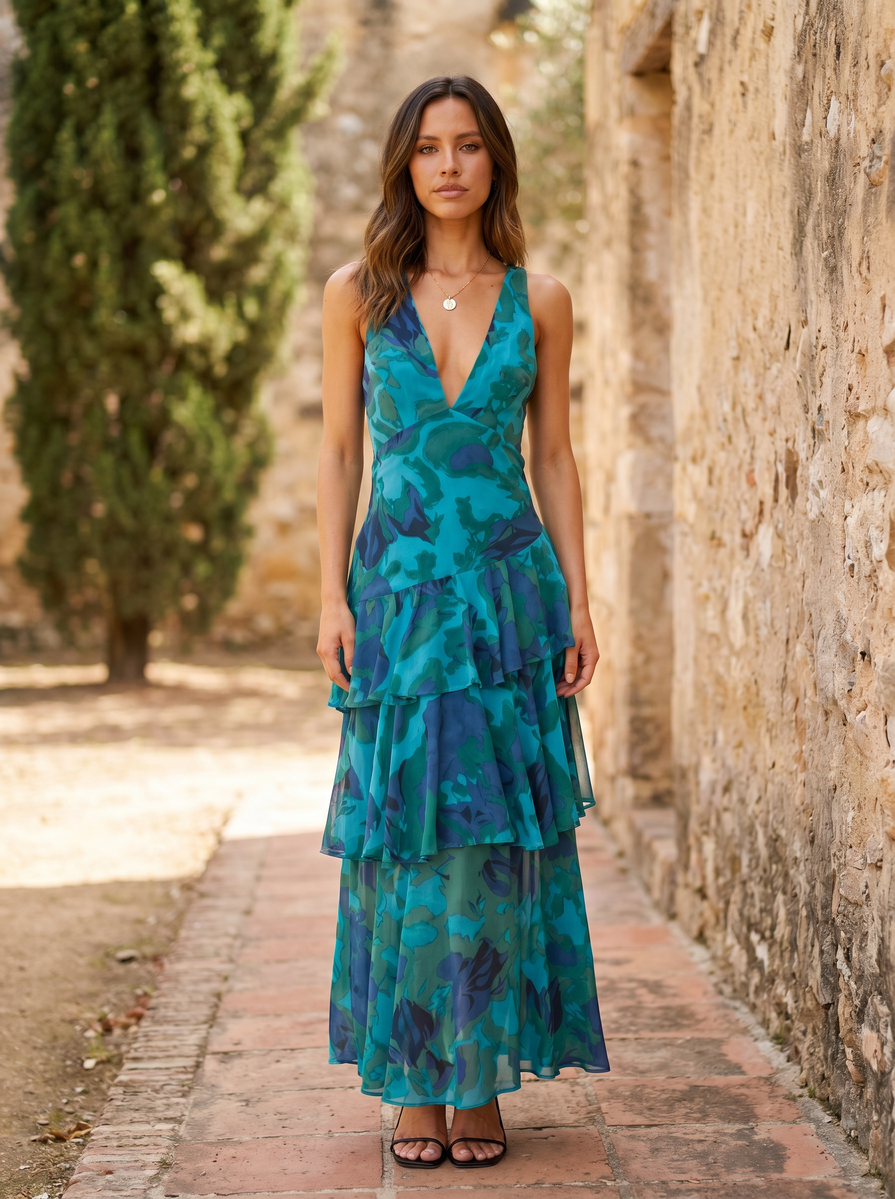 Vestido con Estampado Floral y Escote Profundo