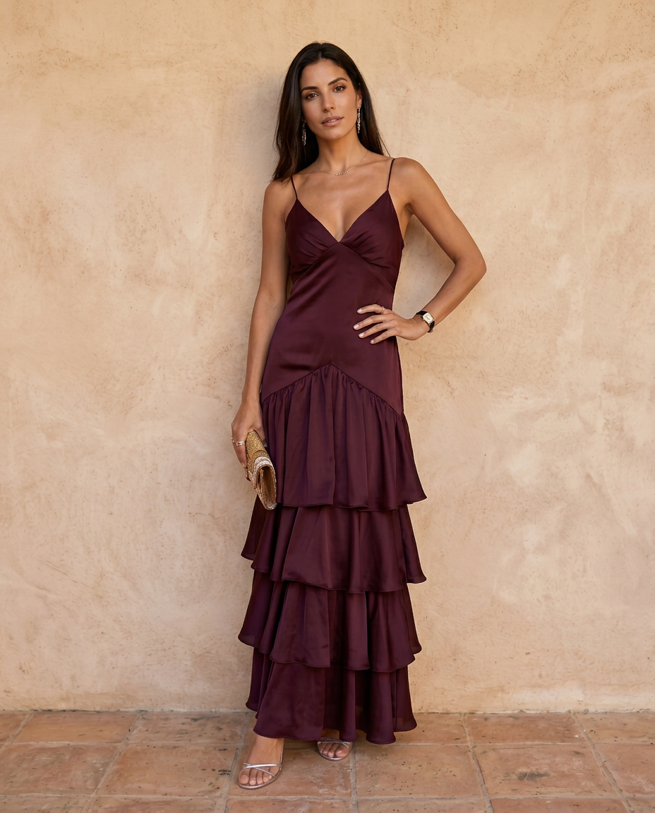 Ludovica | Abito Lungo Satinato a Balze