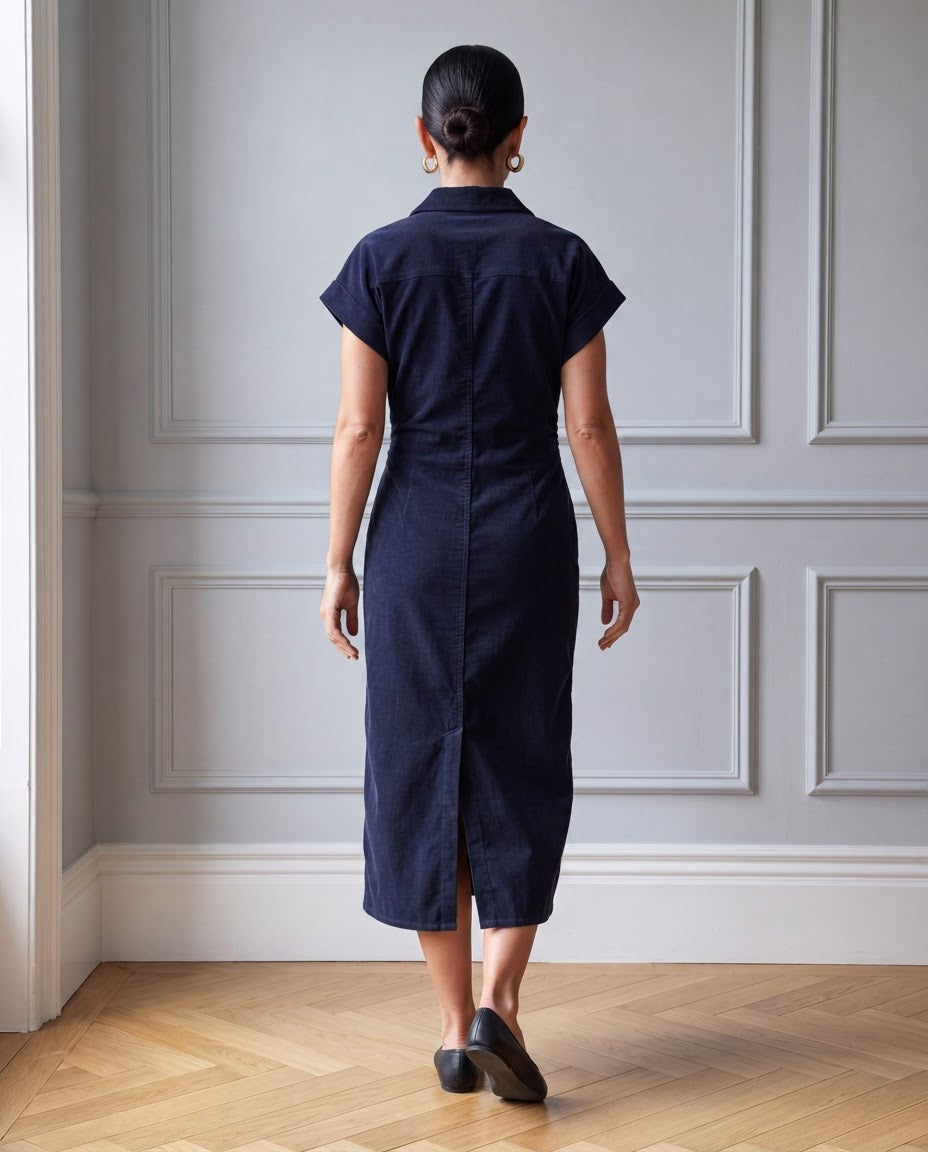 Robe longue en velours côtelé boutonnée - Bleu marine