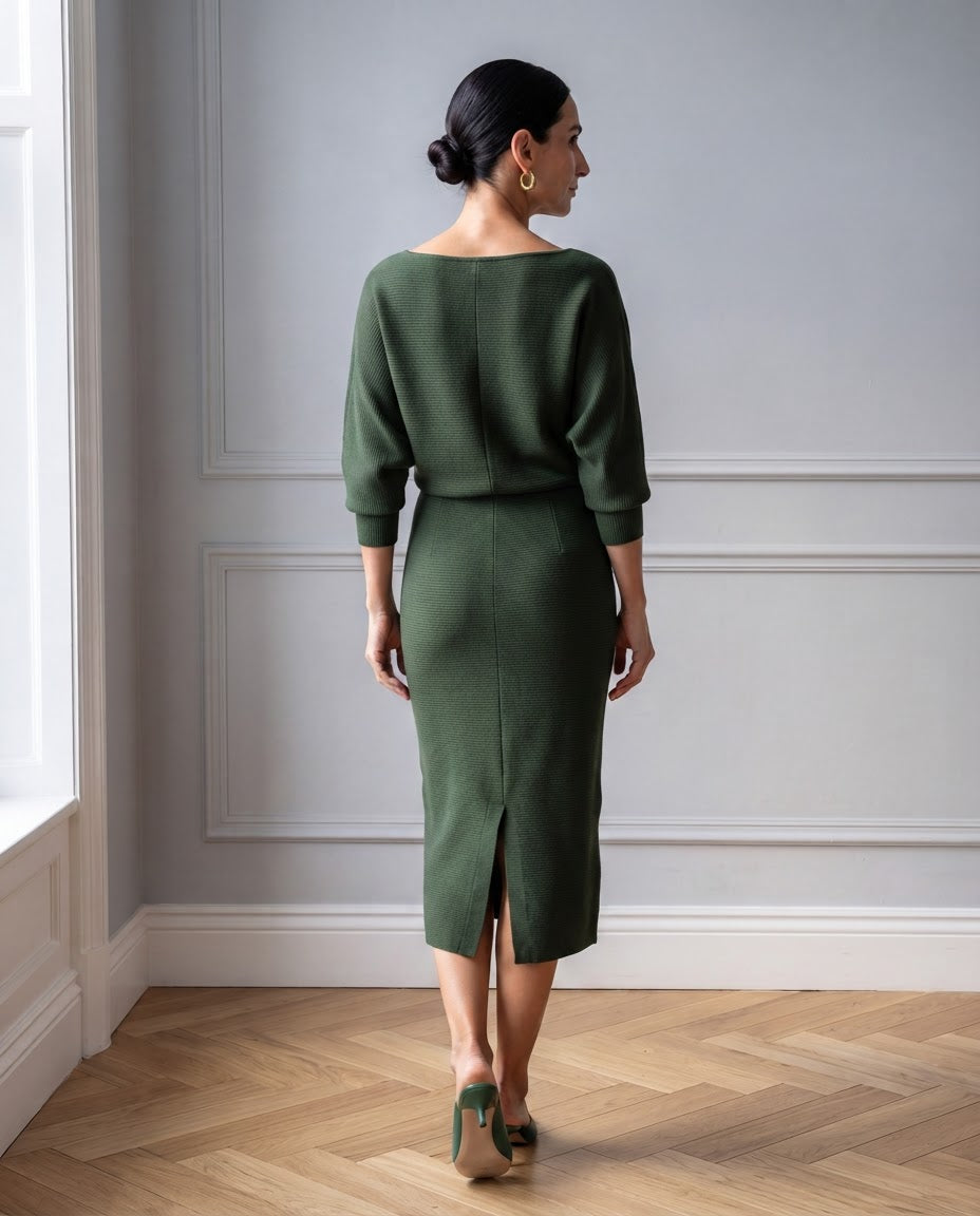 Completo in Maglia a Coste: Top a Manica a Pipistrello e Gonna Midi