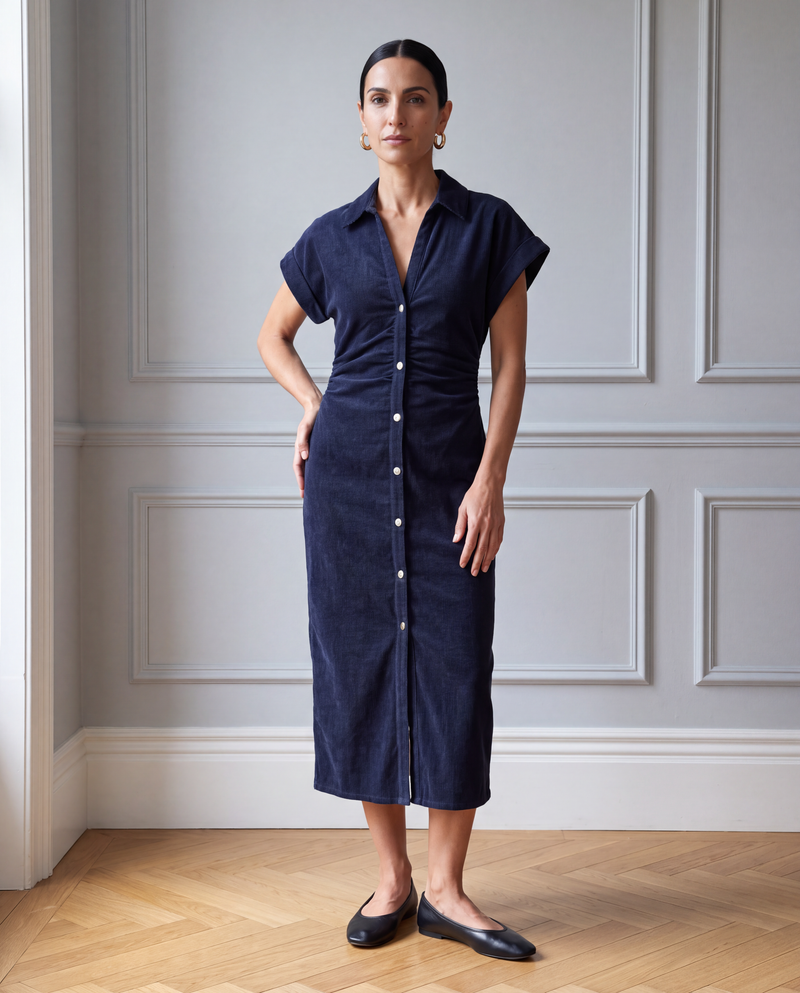 Abito Lungo in Velluto a Coste con Bottoni - Blu Navy