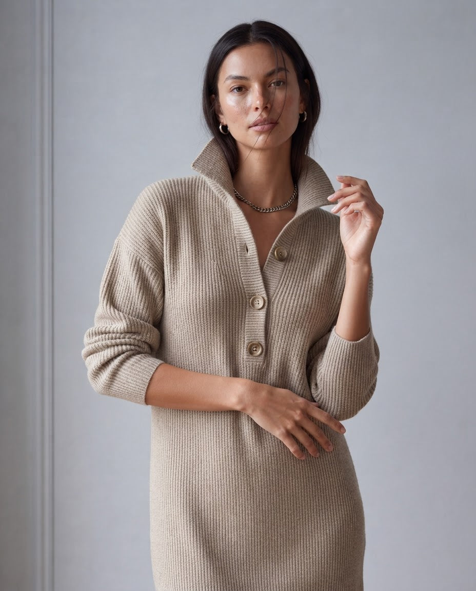 Abito Midi in Maglia a Coste con Collo Alto e Bottoni