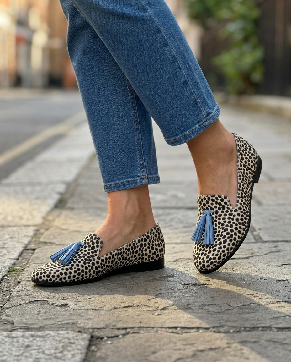 Mocassini Nadia — Leopardo Bianco e Nero con Nappine Azzurre