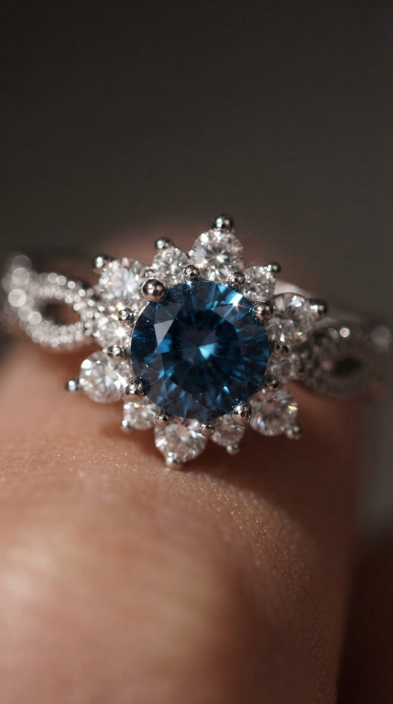 Anello con Pietra Blu e Corona di Zirconi