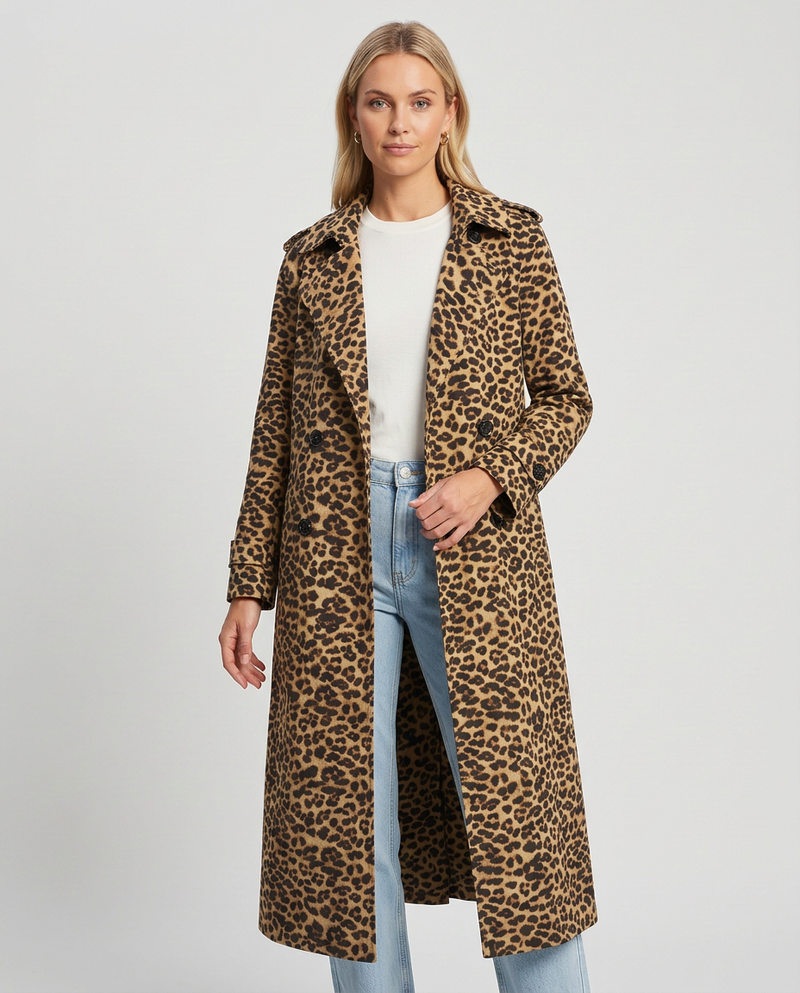 Trench Lungo con Revers Stampa Leopardo