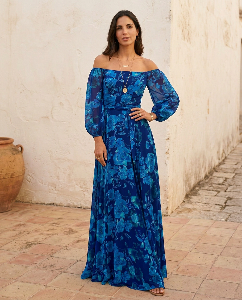 Lucrezia | Abito Lungo Off-Shoulder a Fiori