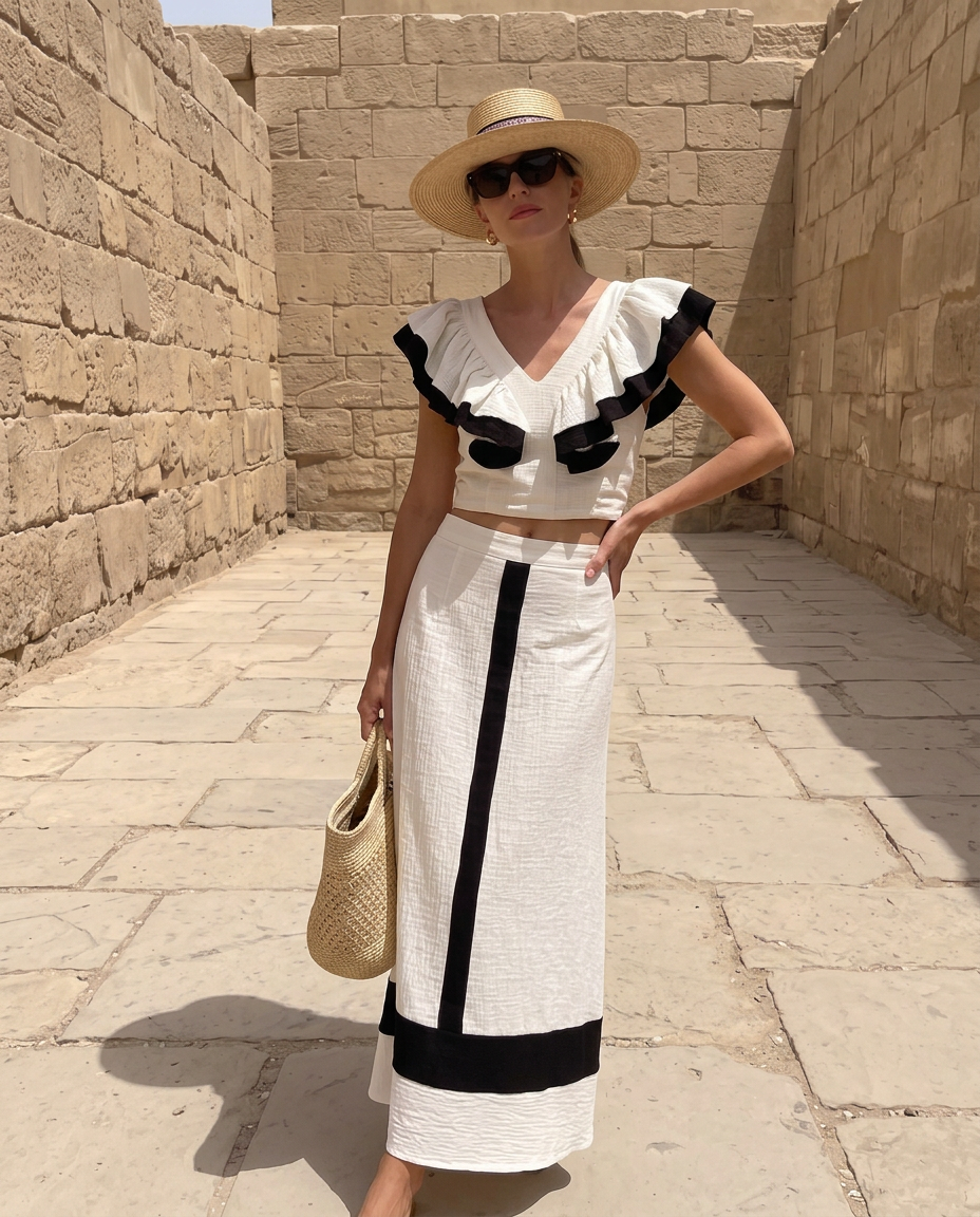 Coordinato Livia – Top con Volant e Gonna Lunga Bicolore