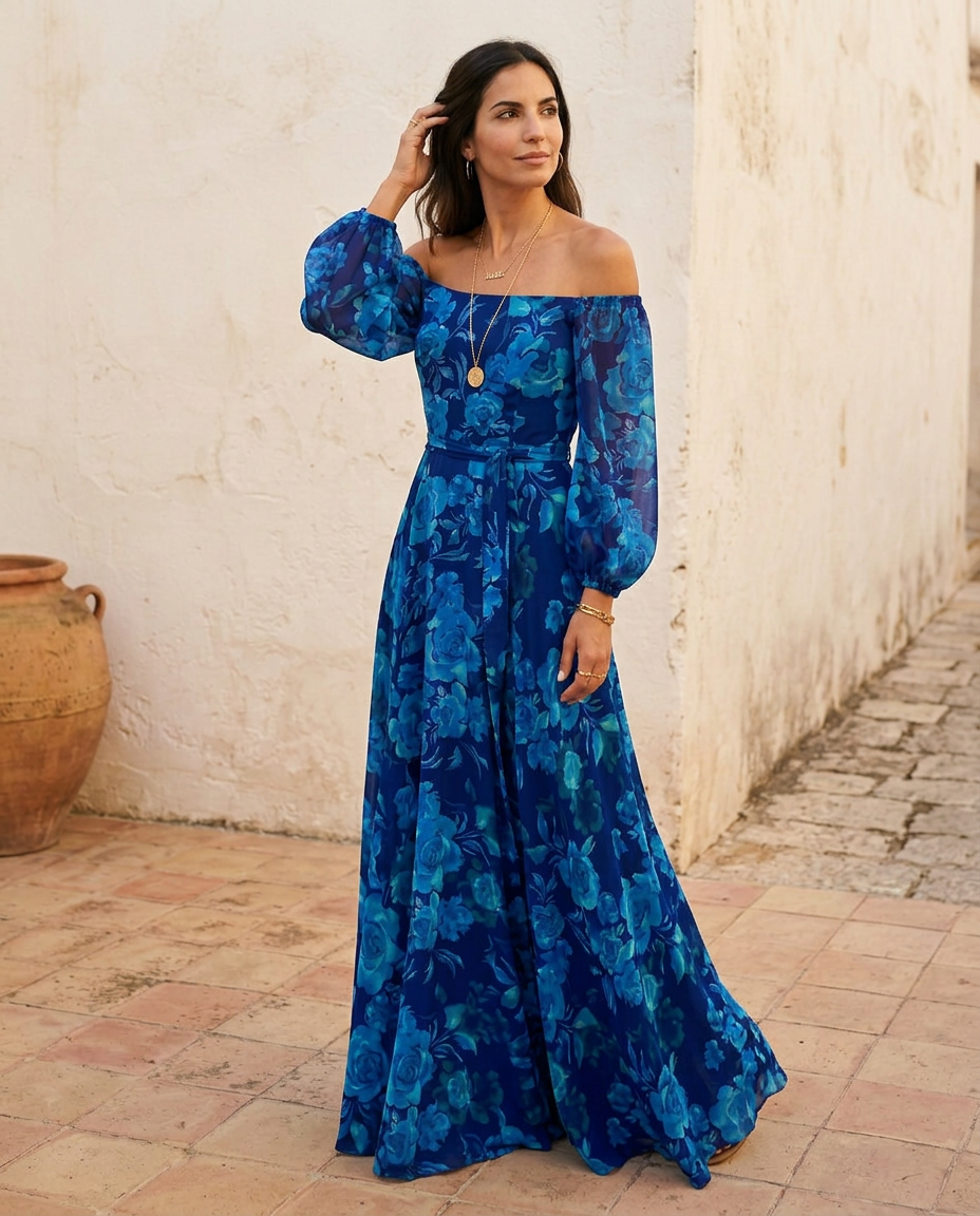Lucrezia | Abito Lungo Off-Shoulder a Fiori