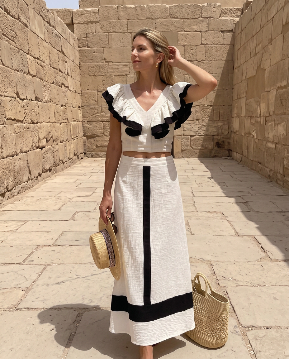 Coordinato Livia – Top con Volant e Gonna Lunga Bicolore