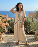 Emma | Abito Midi con Scollo a V, Manica Corta e Vita Arricciata