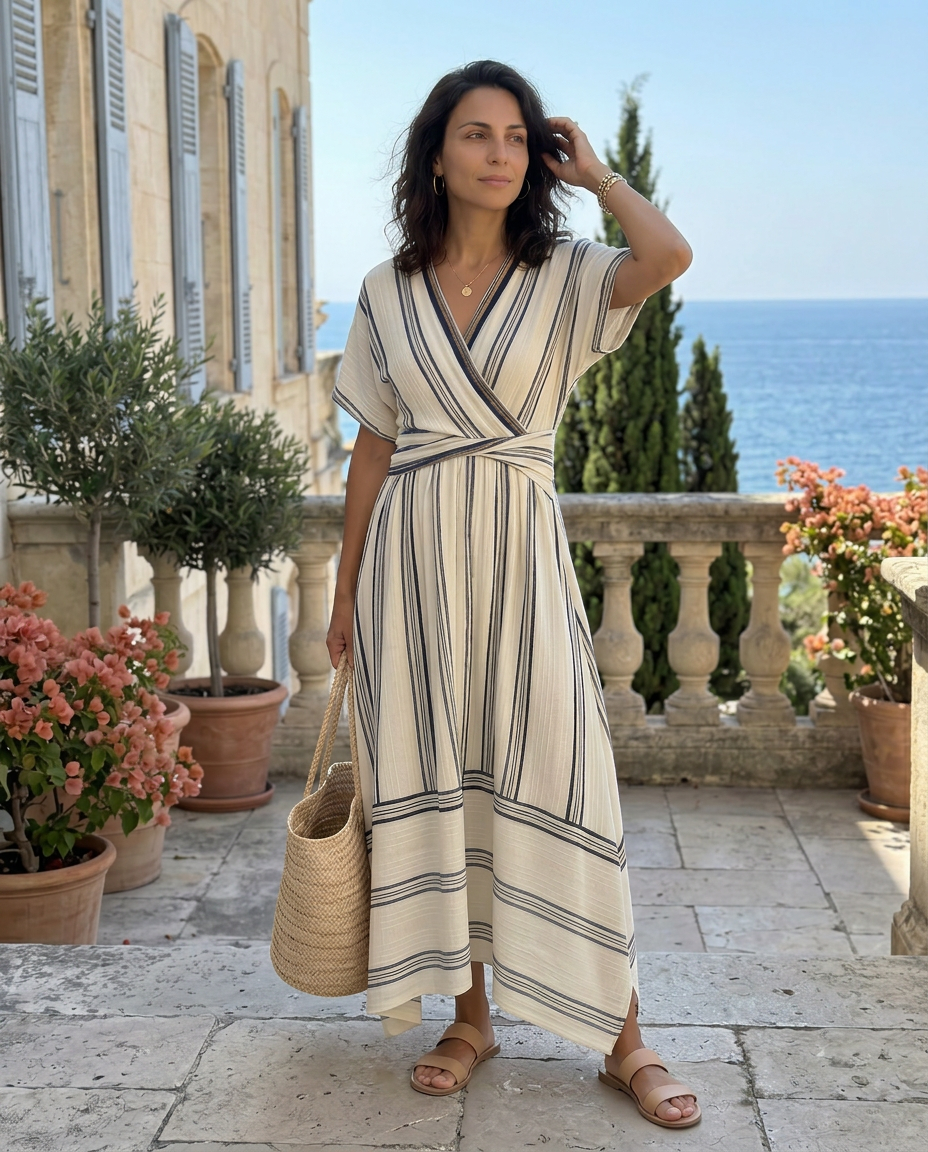 Teresa | Abito Midi a Vita Avvolgente con Scollo a V e Manica Corta