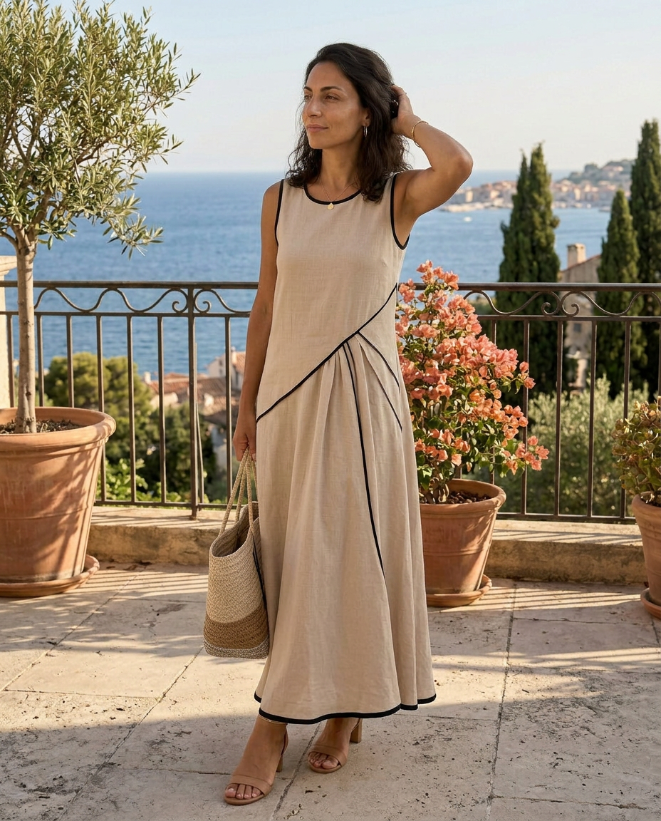 Sole | Abito Lungo Drappeggiato Smanicato con Girocollo
