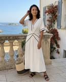 Emma | Abito Midi con Scollo a V, Manica Corta e Vita Arricciata