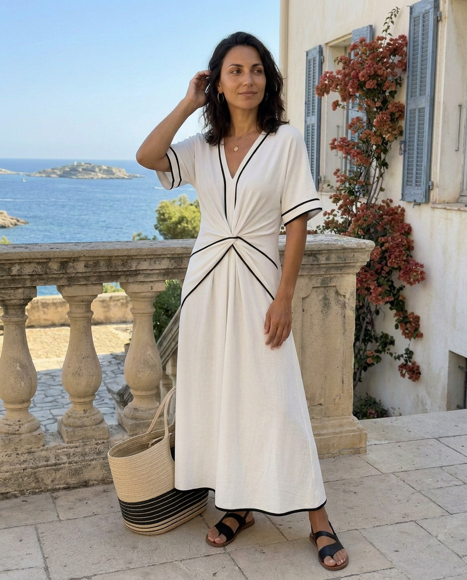 Emma | Abito Midi con Scollo a V, Manica Corta e Vita Arricciata