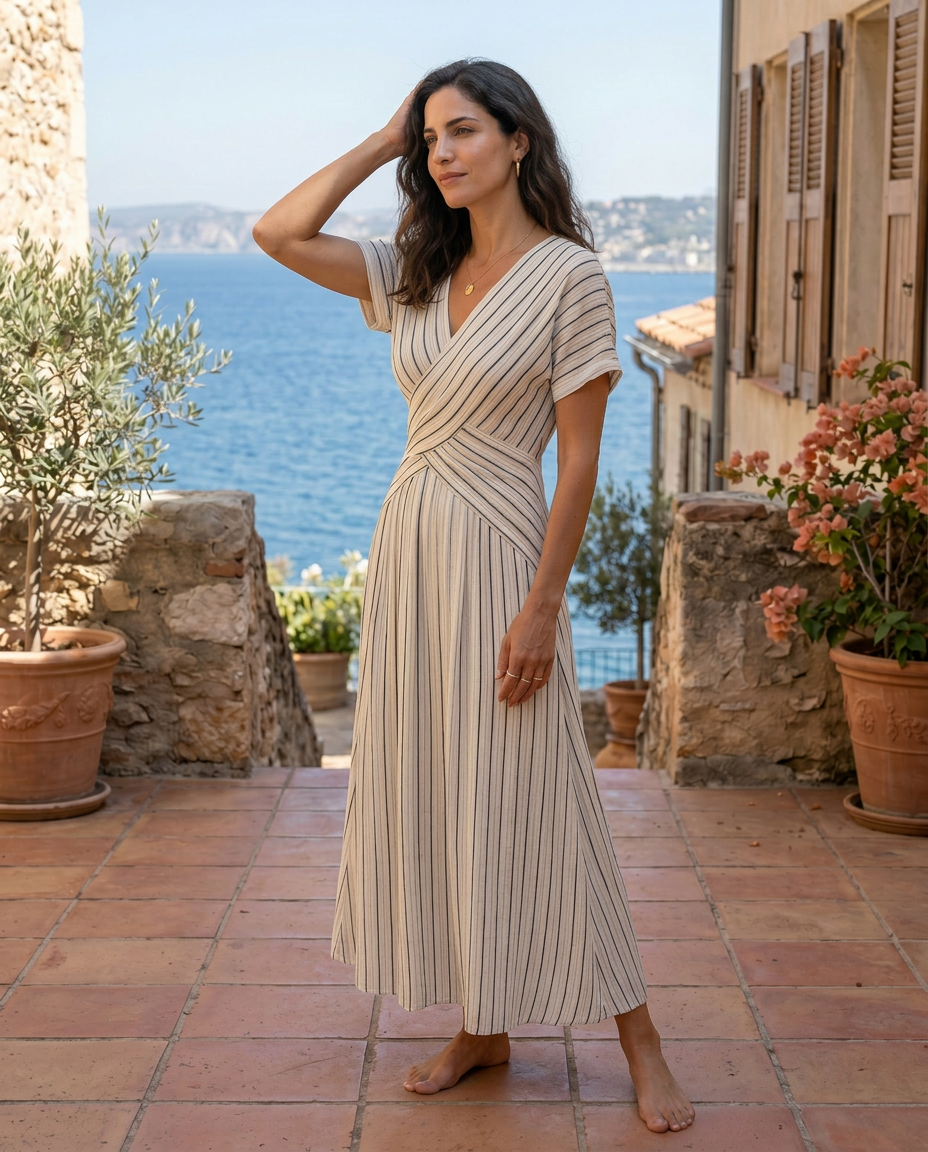 Assunta | Abito Midi con Scollo a V, Manica Corta e Vita Incrociata
