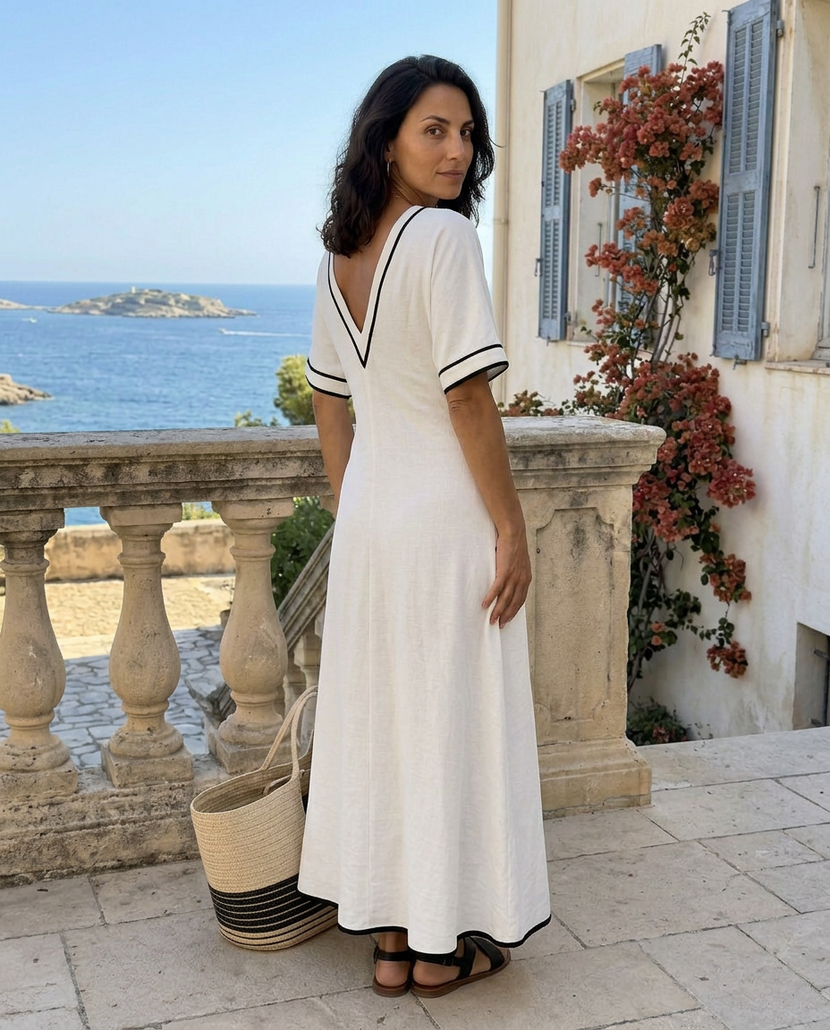 Emma | Abito Midi con Scollo a V, Manica Corta e Vita Arricciata