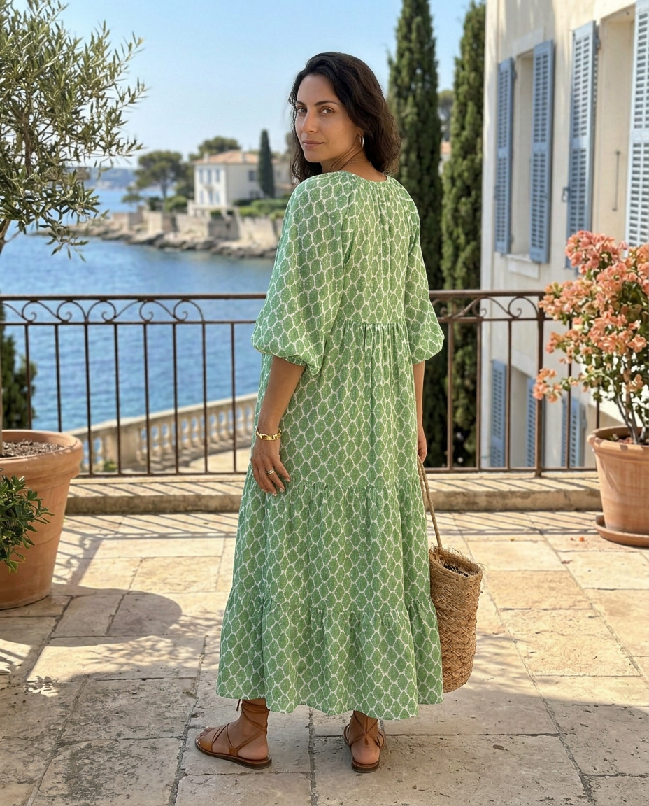 Marcella | Abito Midi a Stampa con Manica a Tre Quarti e Scollo a V