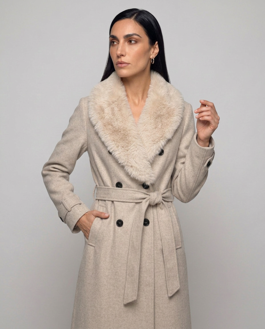 Cappotto Ginevra — Doppiopetto con Collo in Ecopelliccia