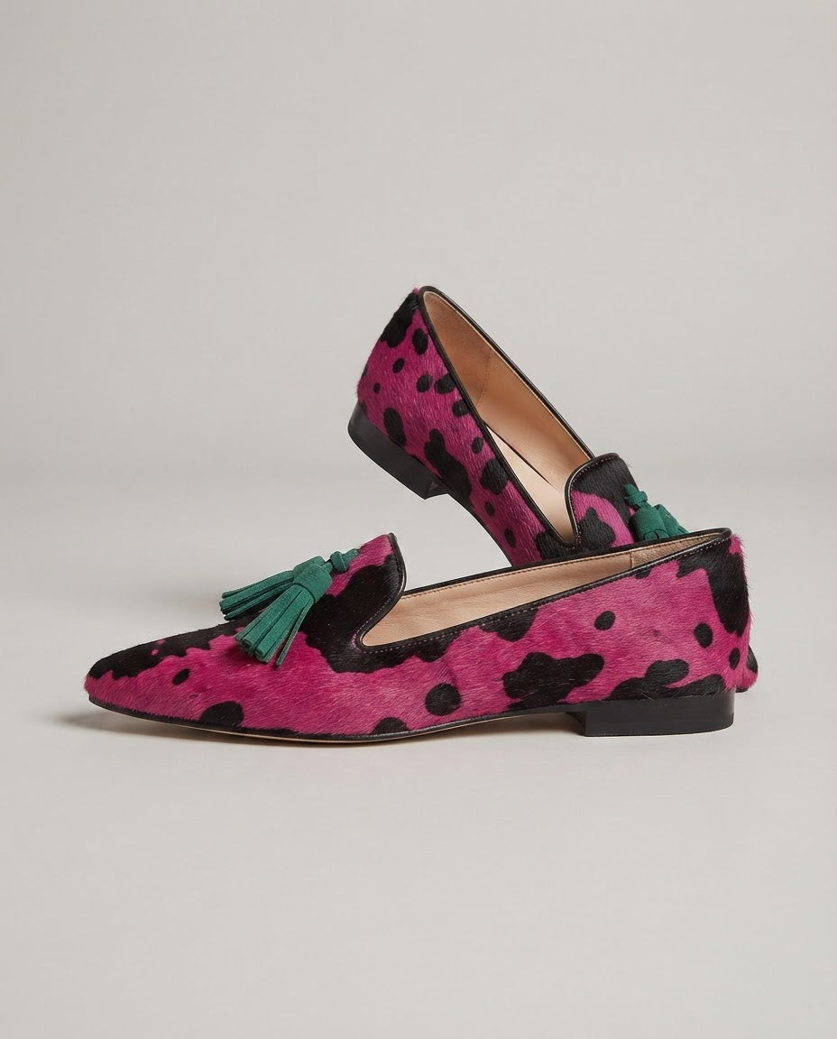 Mocassino Ginevra — Mucca Fucsia, Nappine Verdi