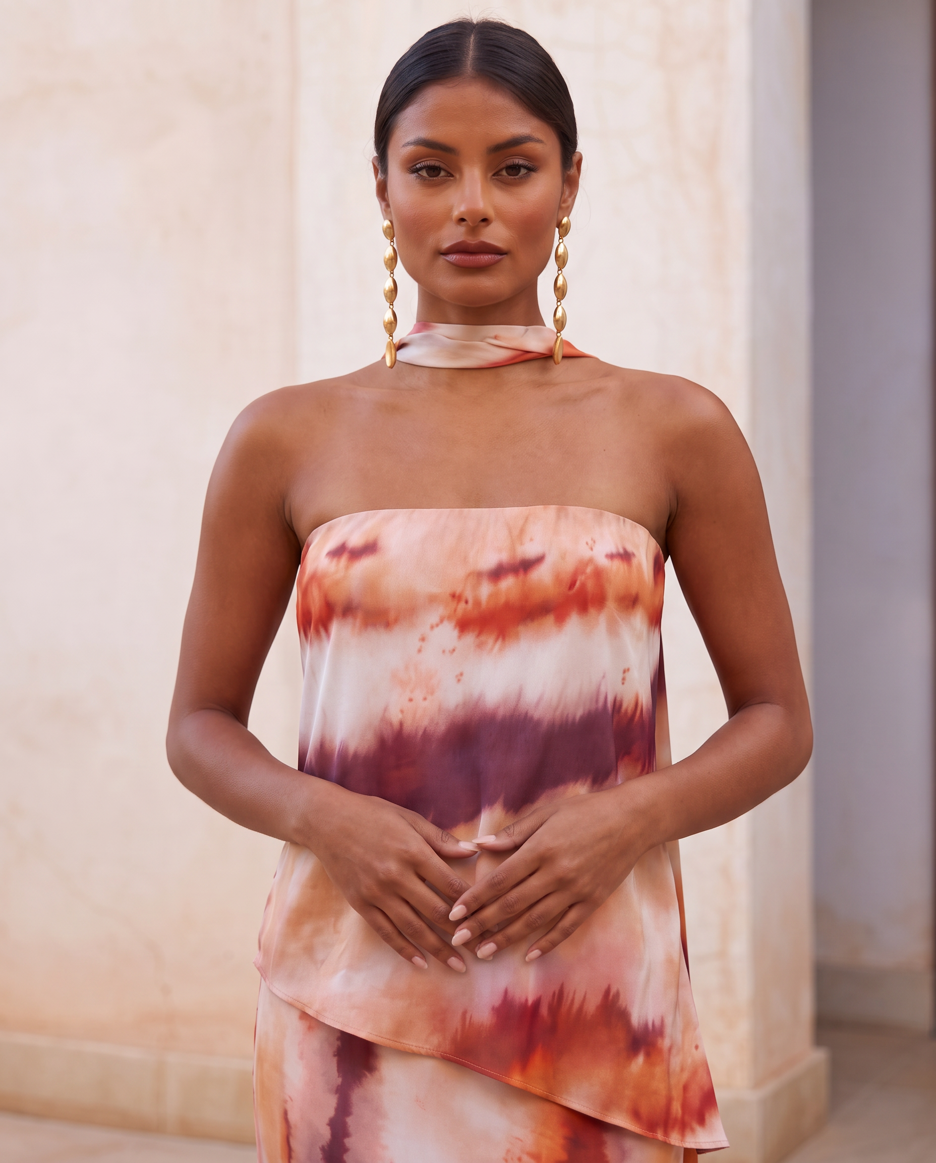 Alba | Coordinato Due Pezzi Tie-Dye con Top Asimmetrico e Gonna Lunga