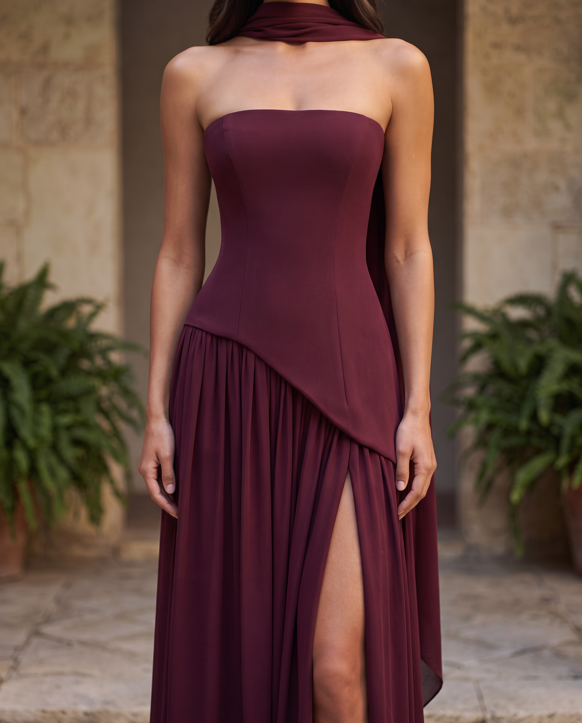 Vittoria | Abito Lungo Bustier con Spacco e Foulard