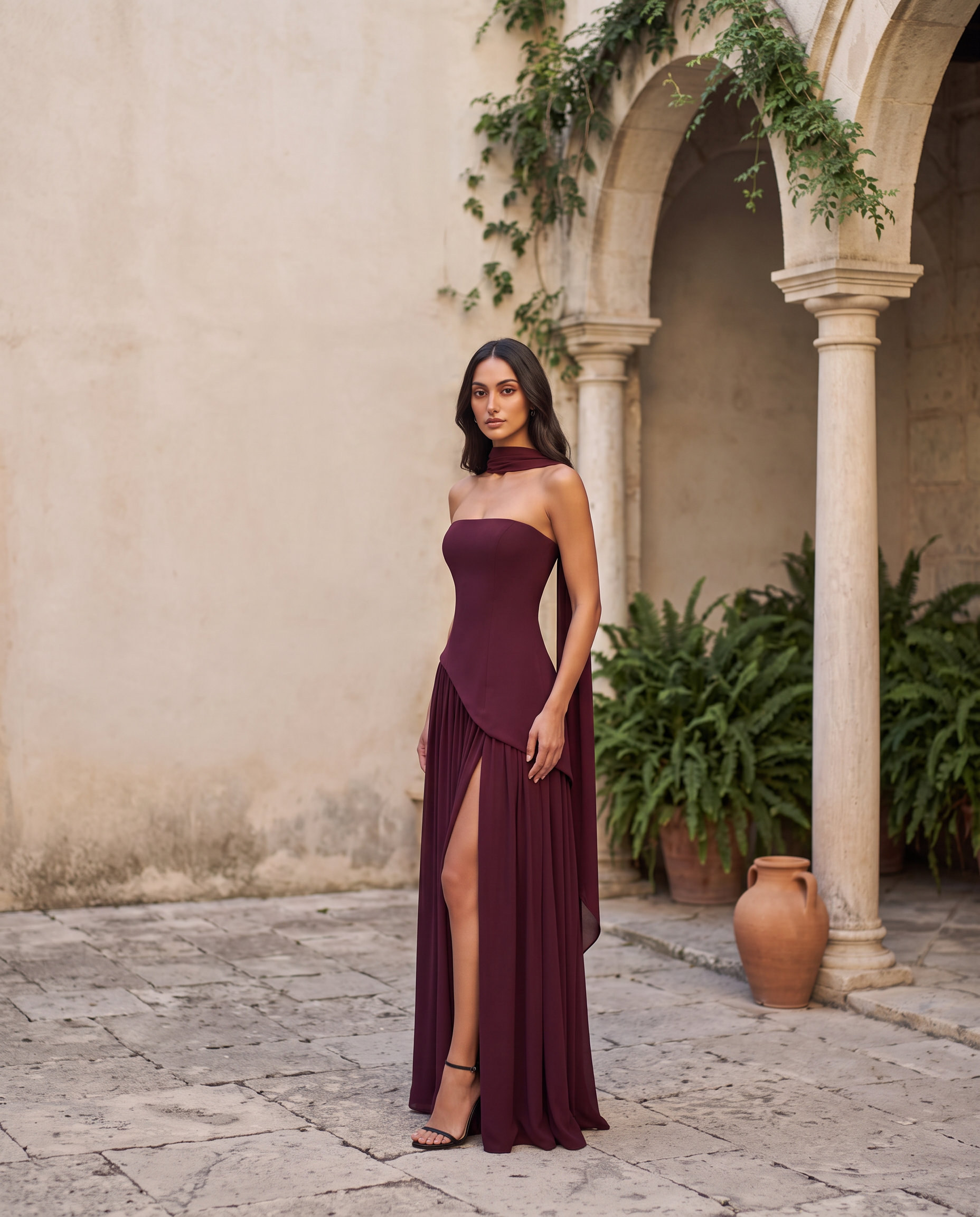 Vittoria | Abito Lungo Bustier con Spacco e Foulard
