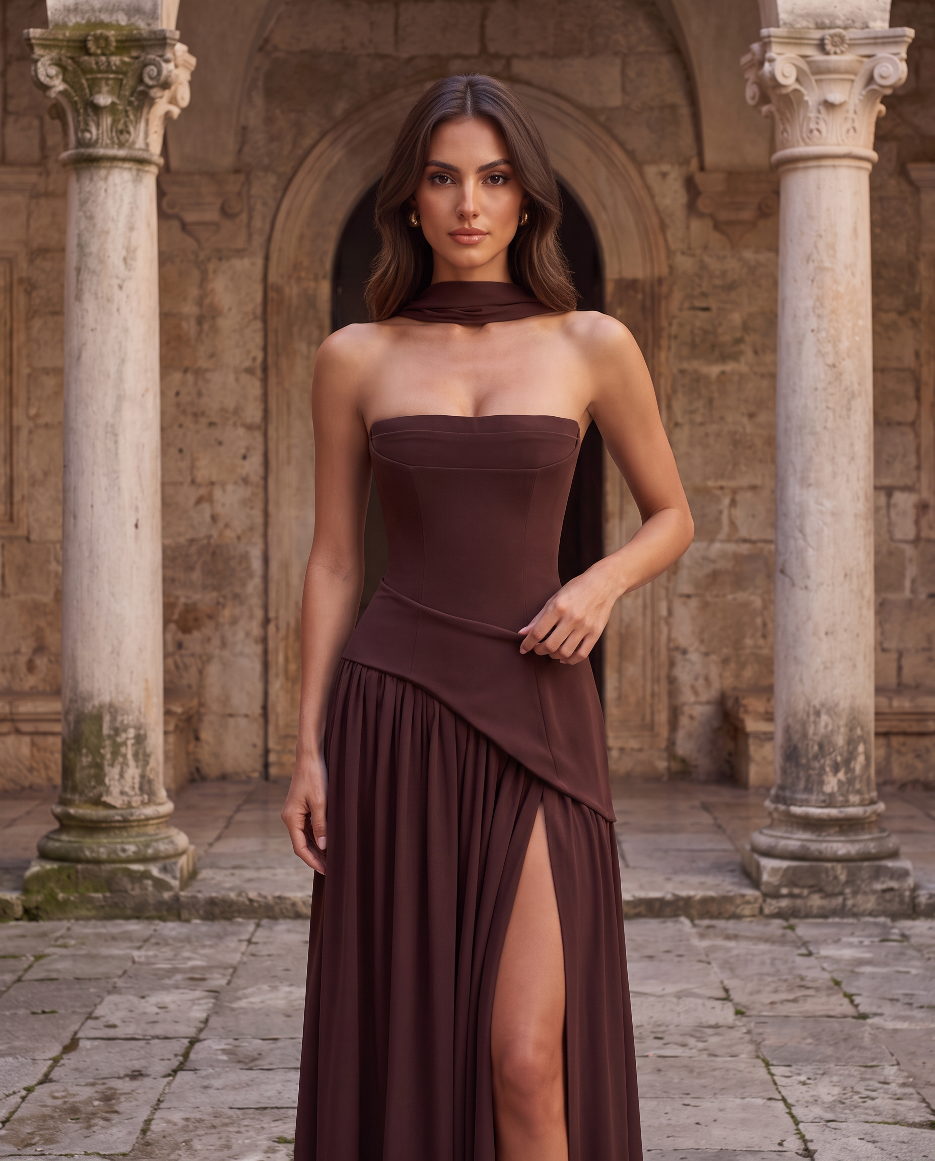 Vittoria | Abito Lungo Bustier con Spacco e Foulard