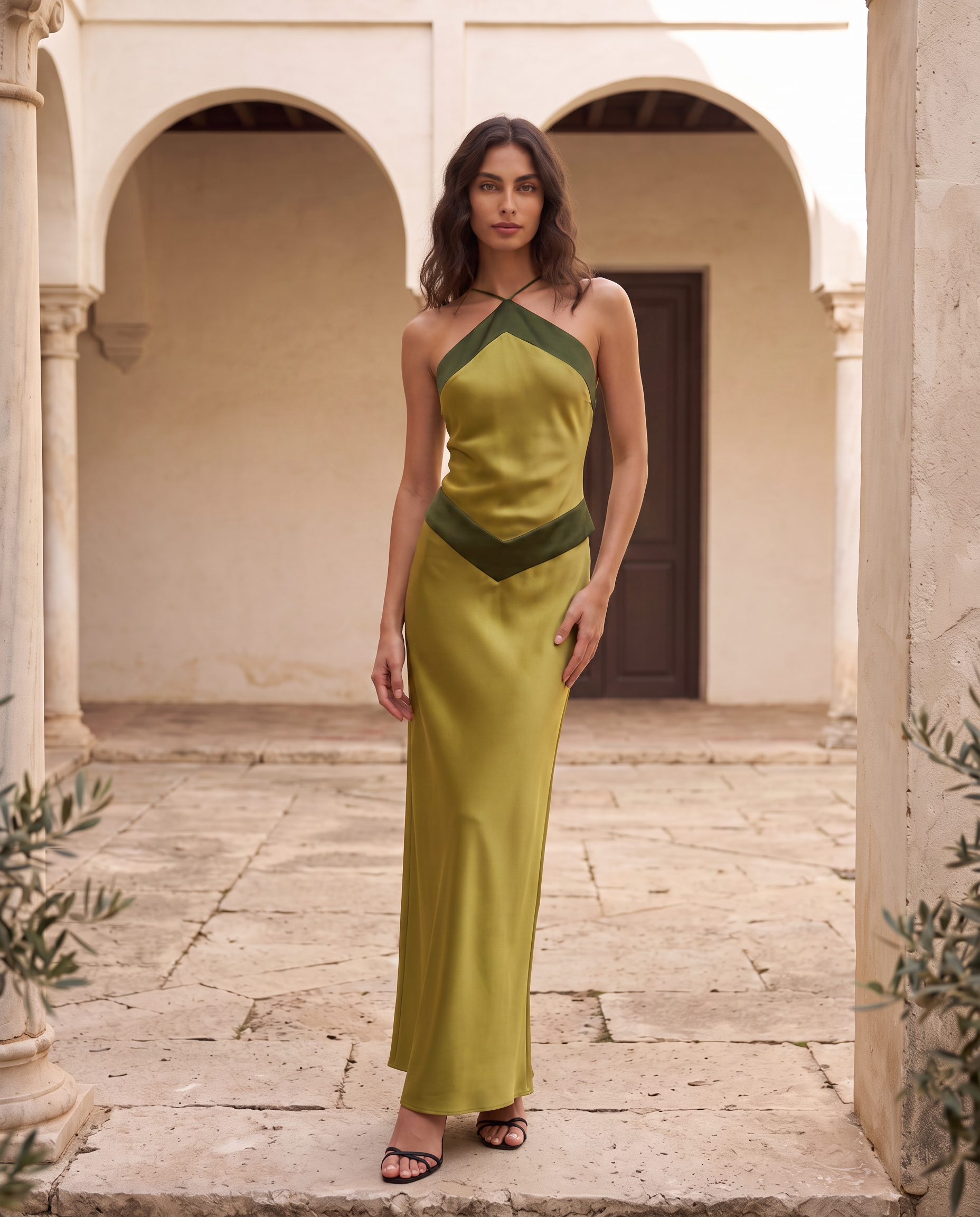 Ottavia | Abito Lungo in Sbieco con Scollo all'Americana Bicolore