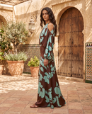 Ginevra | Vestido Largo de Satén con Hombros Descubiertos y Estampado Abstracto