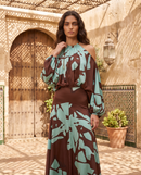 Ginevra | Vestido Largo de Satén con Hombros Descubiertos y Estampado Abstracto