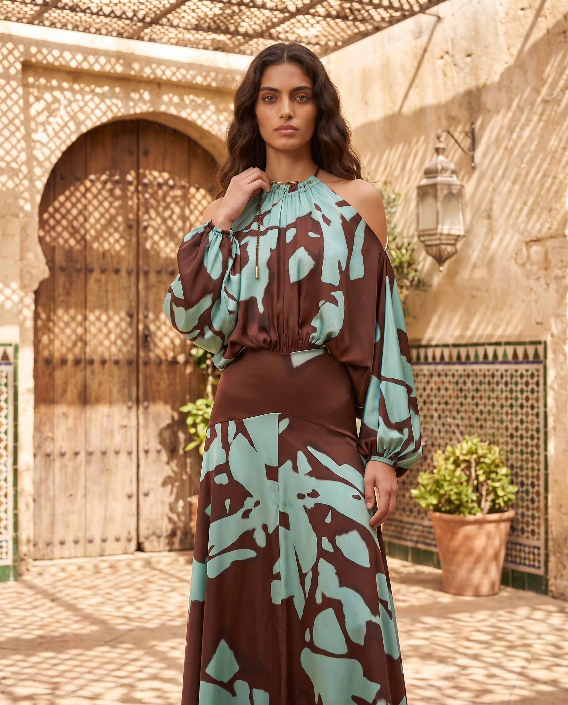 Ginevra | Vestido Largo de Satén con Hombros Descubiertos y Estampado Abstracto