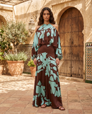 Ginevra | Vestido Largo de Satén con Hombros Descubiertos y Estampado Abstracto