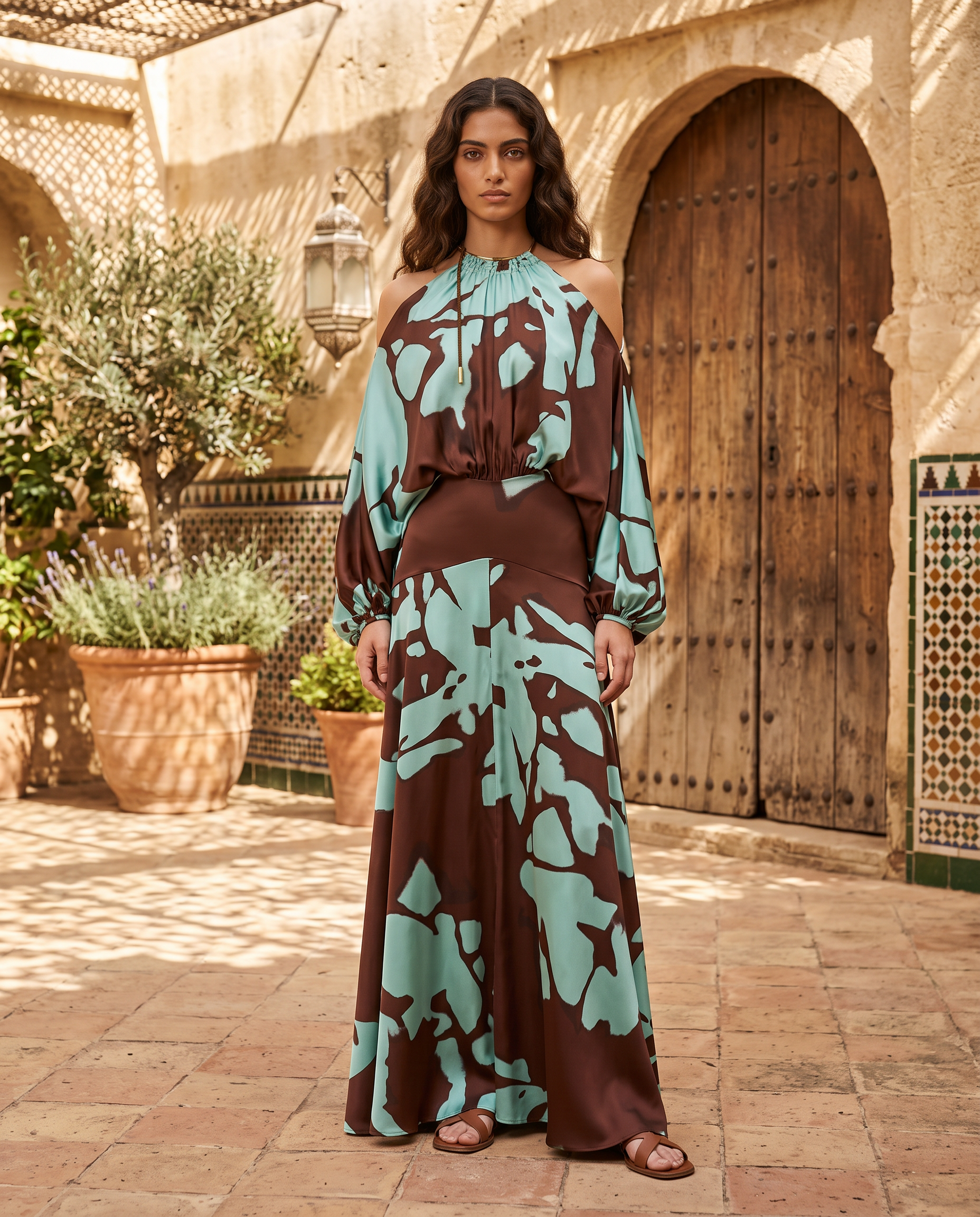 Ginevra | Vestido Largo de Satén con Hombros Descubiertos y Estampado Abstracto