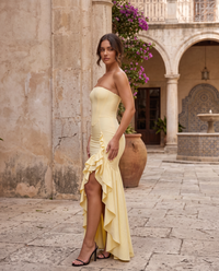 Carlotta | Abito Lungo Bustier con Volant Asimmetrico