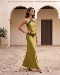 Ottavia | Abito Lungo in Sbieco con Scollo all'Americana Bicolore