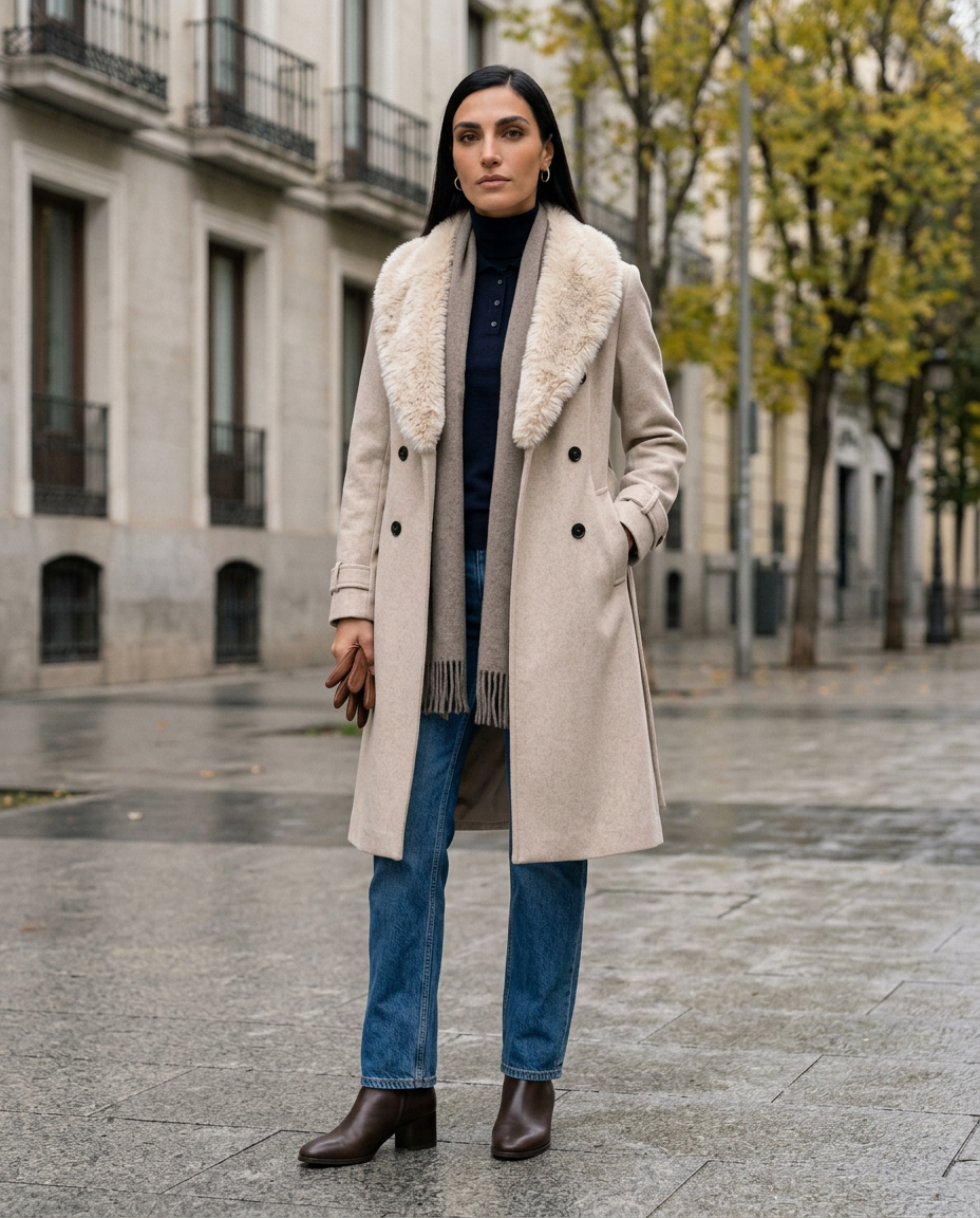 Cappotto Ginevra — Doppiopetto con Collo in Ecopelliccia