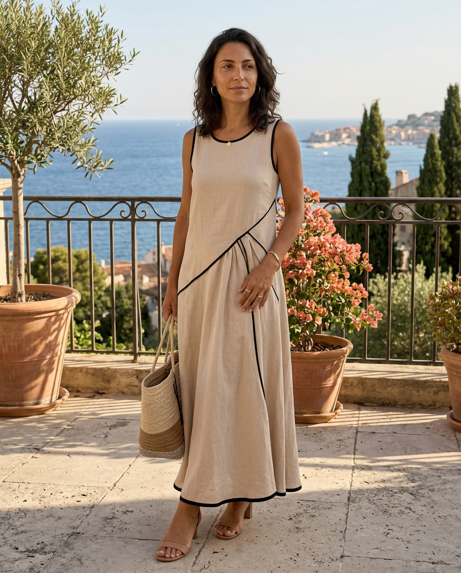 Sole | Abito Lungo Drappeggiato Smanicato con Girocollo