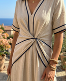 Emma | Abito Midi con Scollo a V, Manica Corta e Vita Arricciata