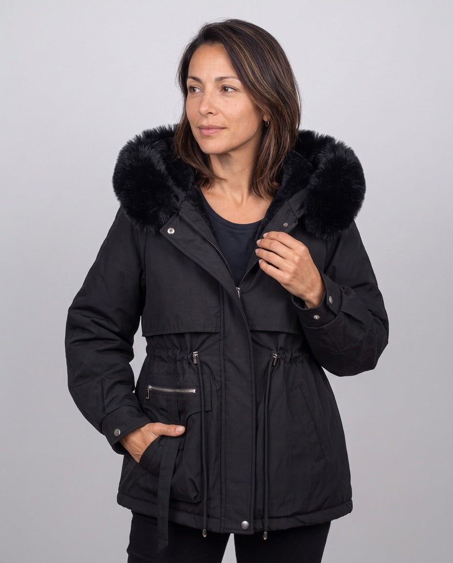 Parka Cervinia con cappuccio in ecopelliccia — Nero